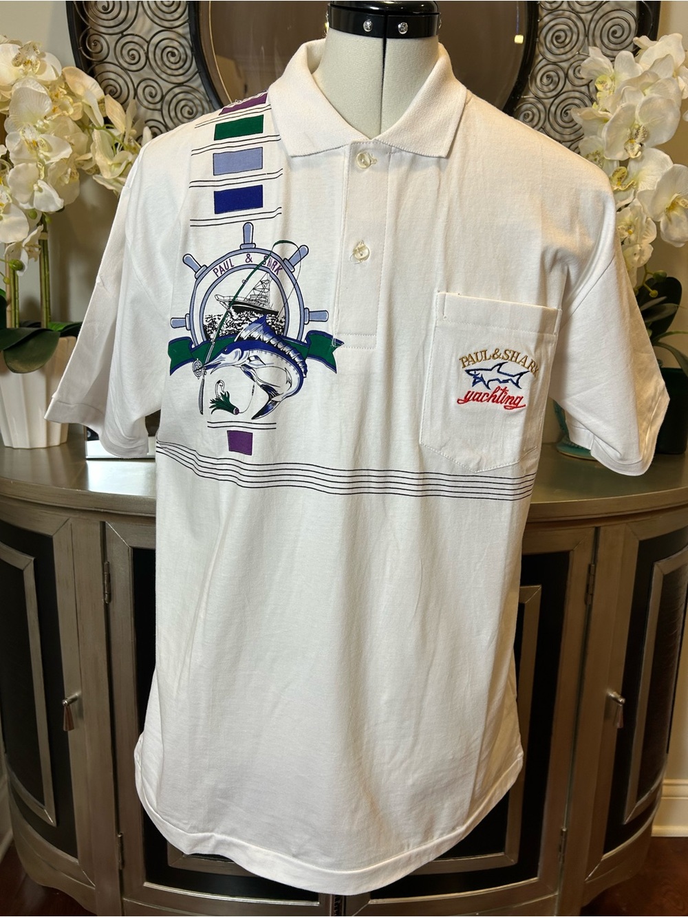 Paul & Shark White Polo with Nautical Marlin Graphic